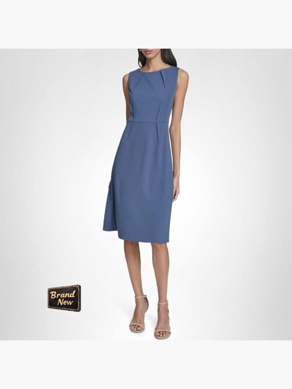 Sleeveless A-line Crepe Midi Dress Knee Length Round Neck Scuba